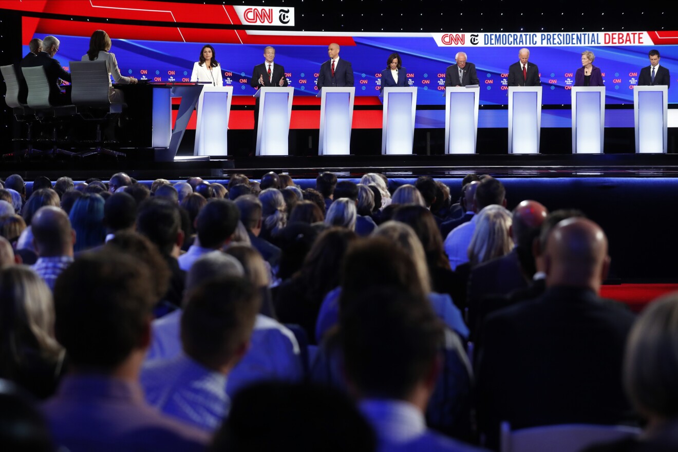 Candidates participate in a Democratic presidential primary debate hosted by CNN/New York Times at Otterbein University, Tuesday, Oct. 15, 2019, in Westerville, Ohio.